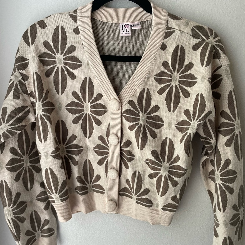 Love By Design Cream and Brown Floral Cardigan Sweater